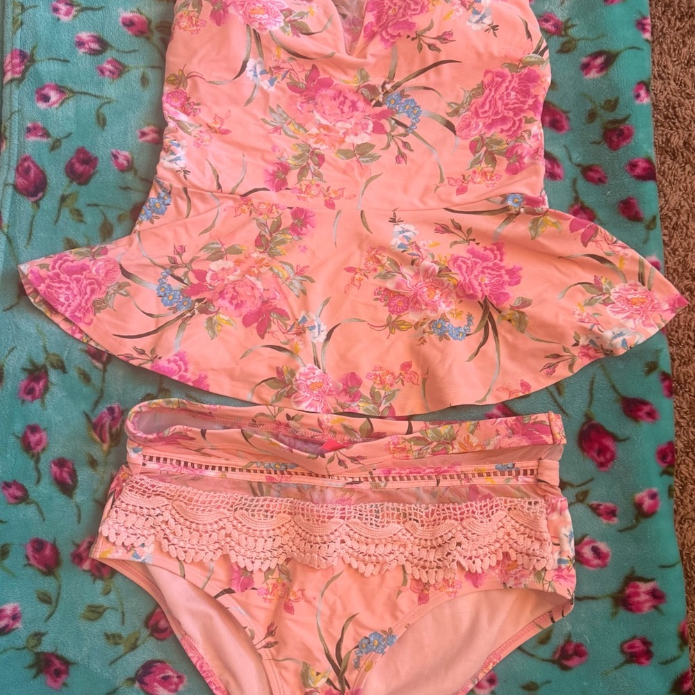 Betsey Johnson Pink and Blue Bikini Set with Ruffles